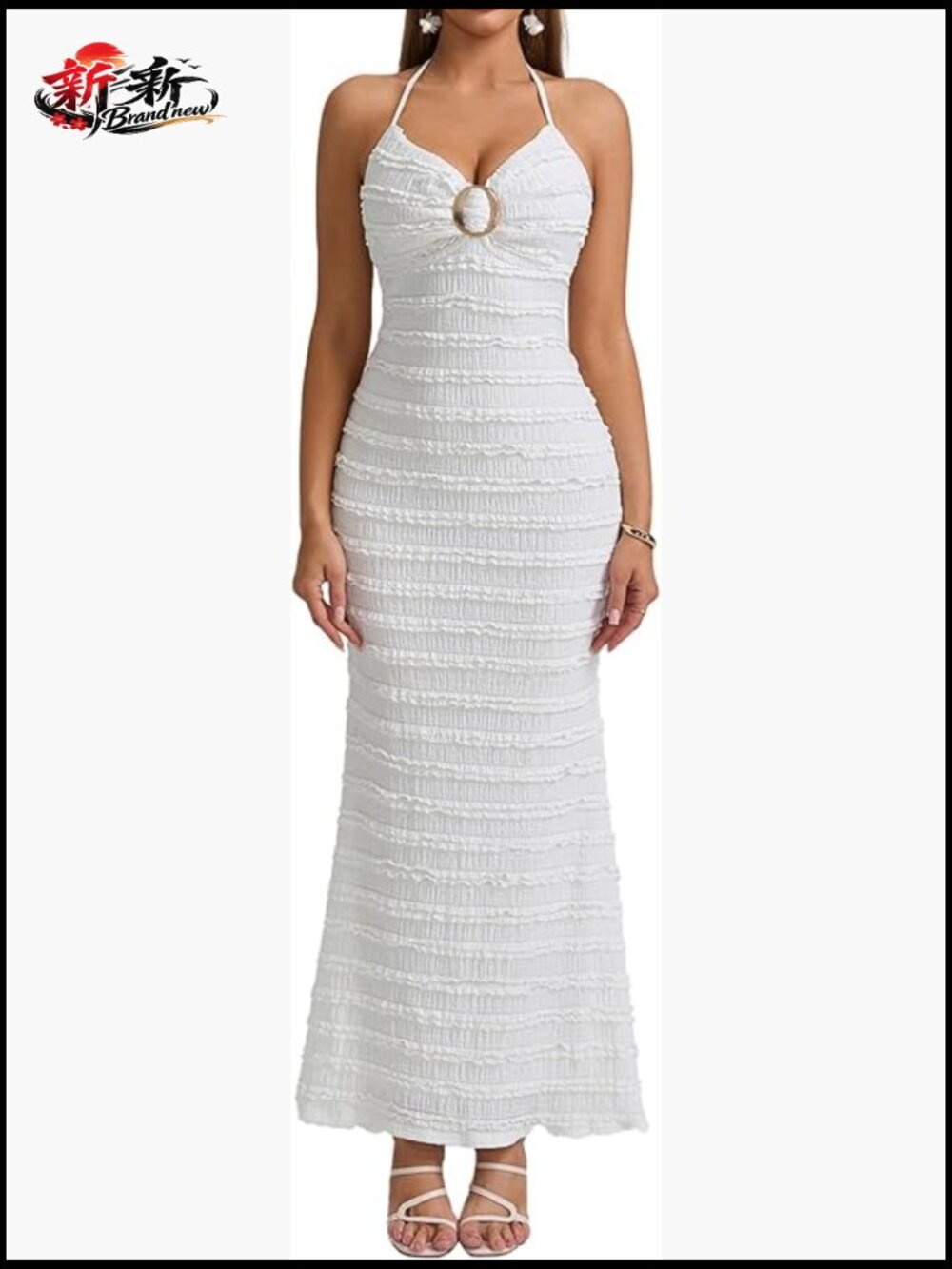 Ruffle Bodycon Maxi Dress Halter Neck V-Neck Backless Beach Vacation Long Dress